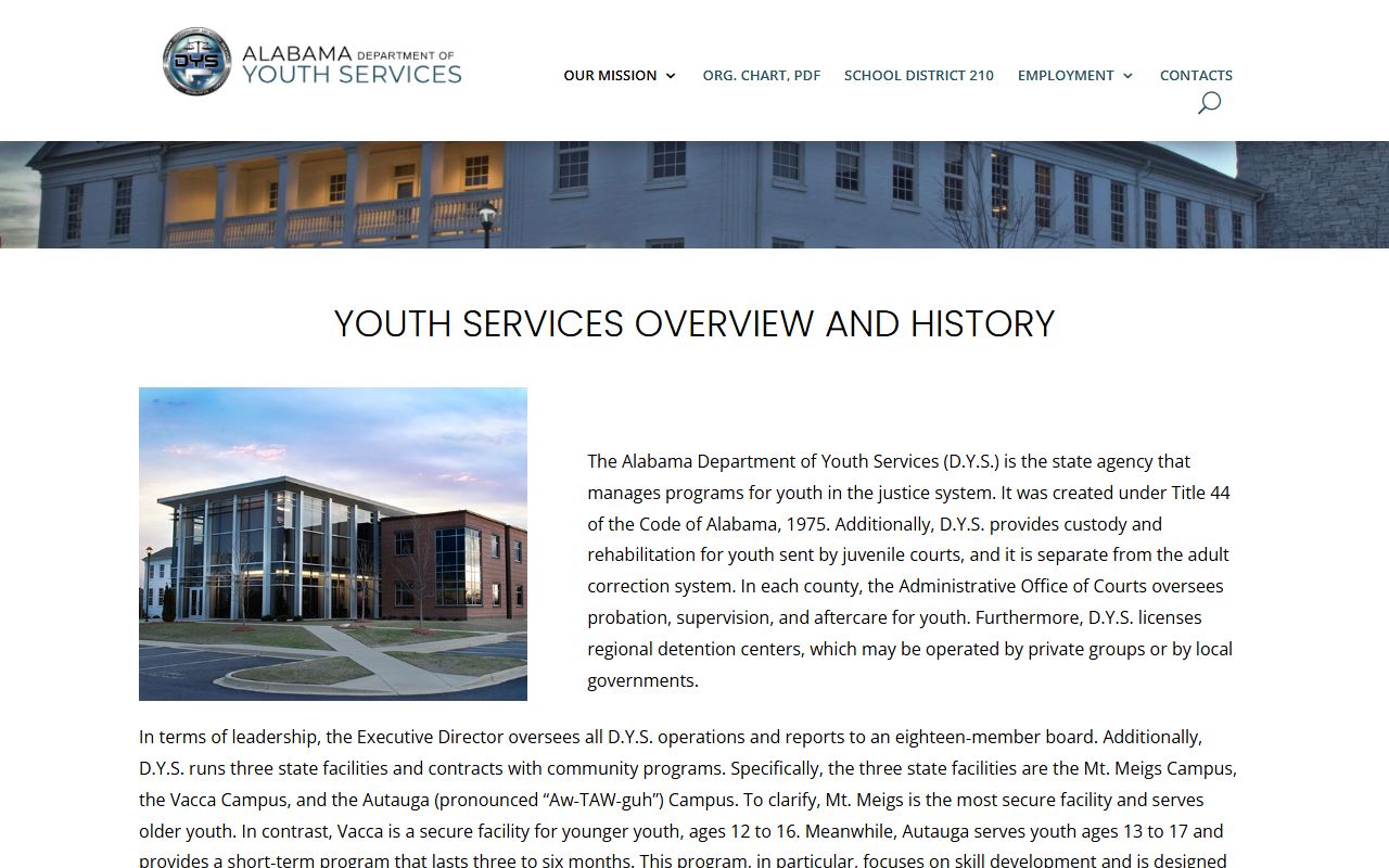 Alabama Department of Youth Services overview for youth custody facilities