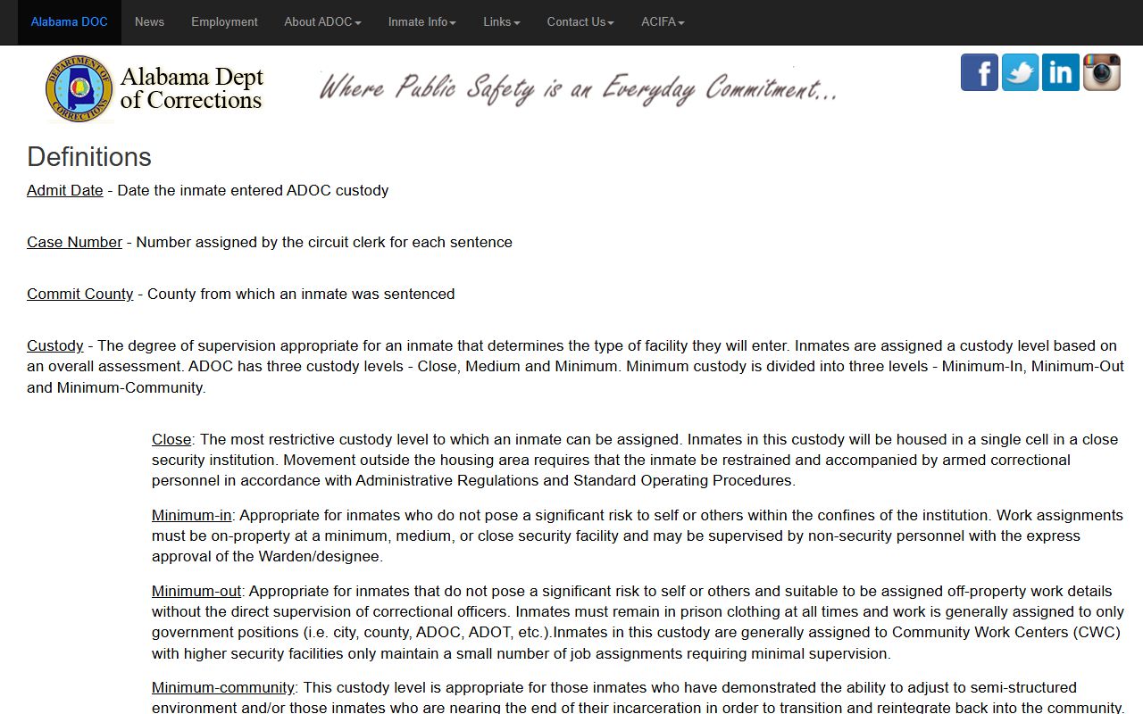 ADOC definitions page explaining Alabama inmate custody and release fields