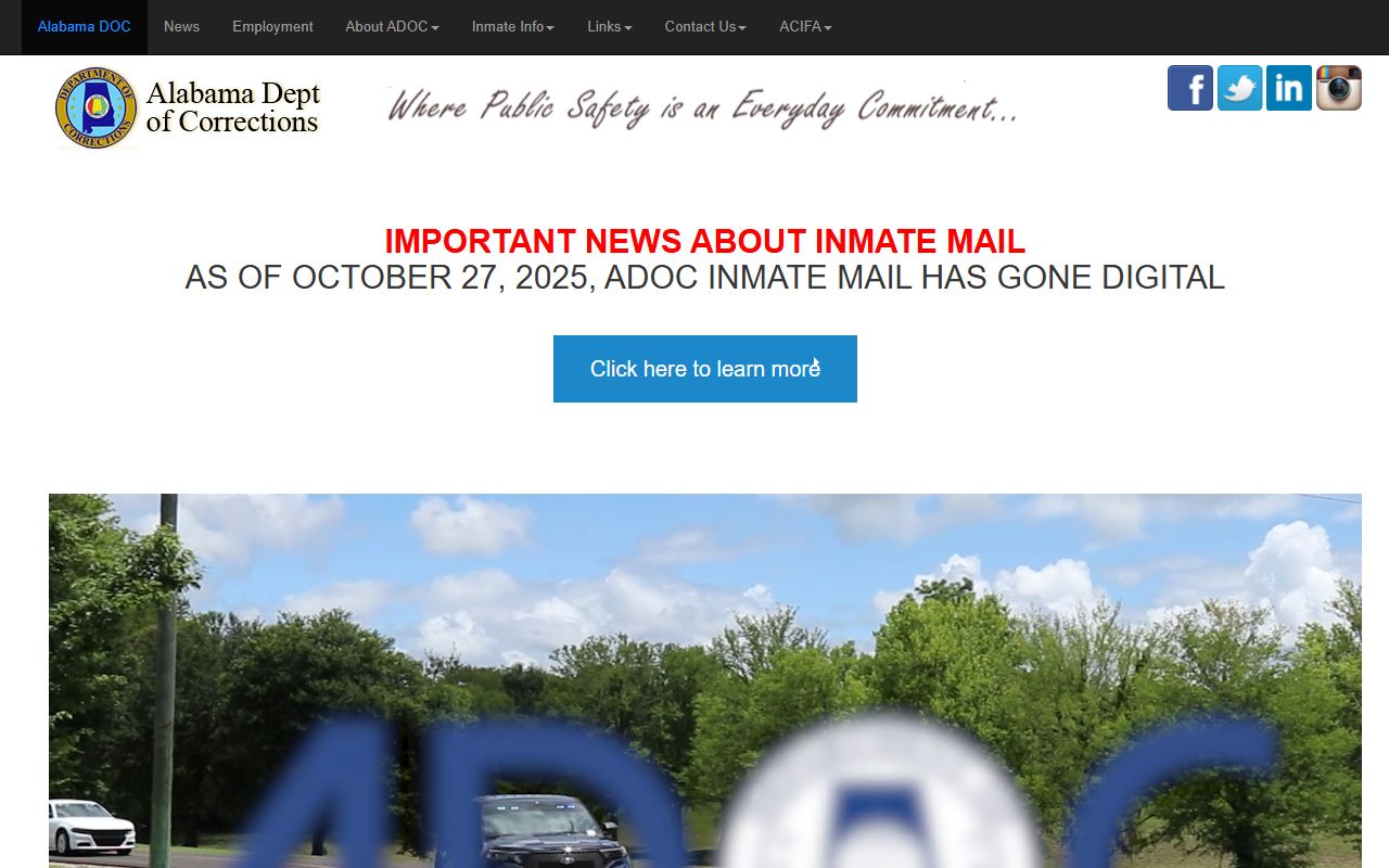 Alabama Department of Corrections homepage with ADOC navigation and statewide notices