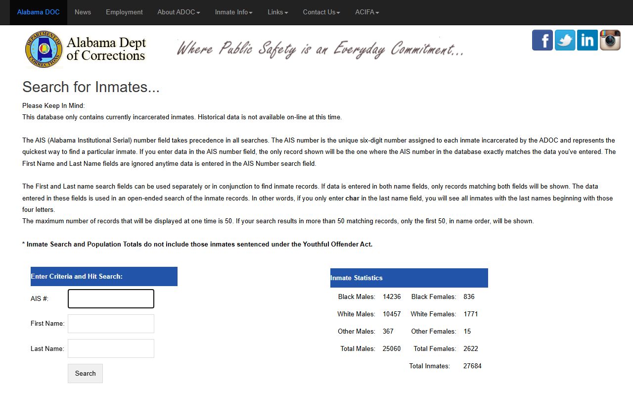 Official ADOC inmate locator with AIS first name and last name search fields