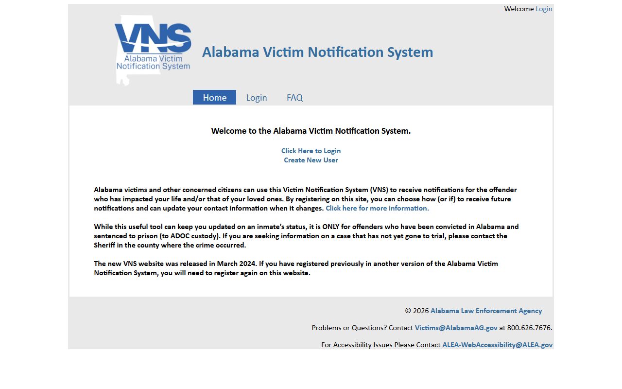 Alabama Victim Notification System page for ADOC sentenced offender notifications