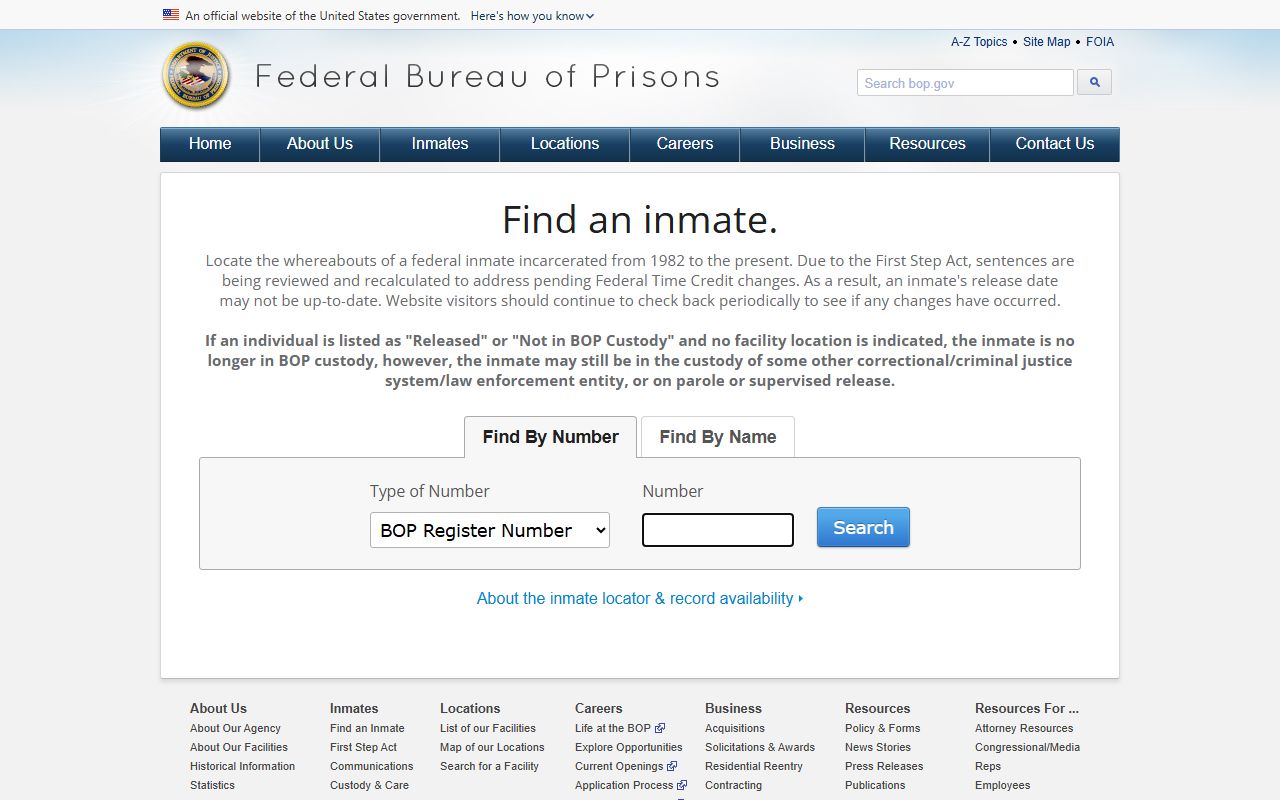 Federal Bureau of Prisons inmate locator page for federal inmate searches